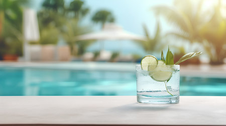 Glass of cocktail with lime and ice on wooden table over swimming pool backgroundの素材