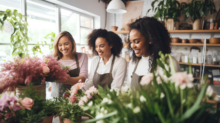 Group of young female florists working in a flower shop.の素材