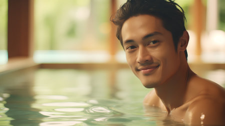 Portrait of handsome young man relaxing in swimming pool at spa resortの素材