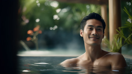 Portrait of handsome asian man relaxing in swimming pool at spa resortの素材