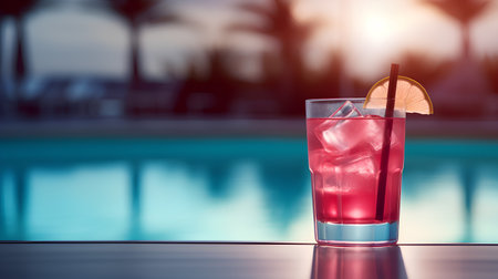 Cocktail in a glass on the background of the sea and palm trees.の素材
