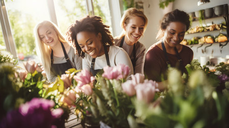 Group of happy female florists working in a flower shop.の素材