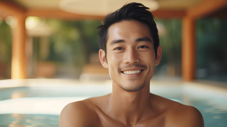 Portrait of young handsome asian man smiling and looking at camera in swimming poolの素材