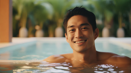 Portrait of a handsome young asian man relaxing in swimming poolの素材