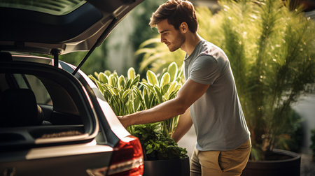 Handsome young man is standing near the car trunk and holding a potted plant.の素材