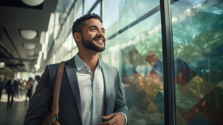 Portrait of a young businessman in a suit in the business center.の素材