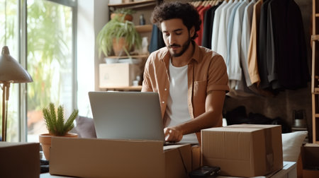 Young African American man using laptop while packing boxes in his home officeの素材