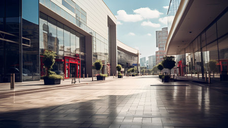 Modern office building with glass facade and red entrance door. Perspective view.の素材