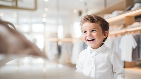 Portrait of a cute little boy in a clothing store. He is laughing and looking at the camera.の素材
