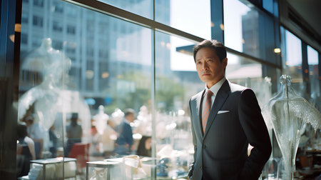 Serious mature Asian businessman standing in front of shop window looking at cameraの素材