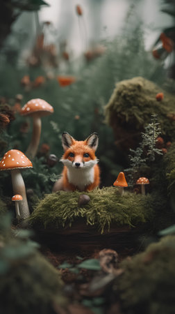 Cute little fox sitting on moss in the forest. Fairy tale concept.の素材