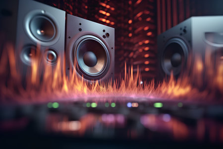 Audio speakers in the dark with fire and smoke, 3d illustrationの素材