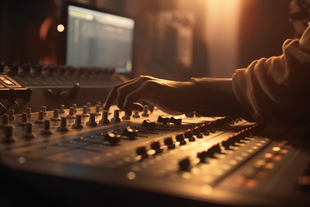 Sound engineer working on mixing console in recording studio, closeup viewの素材