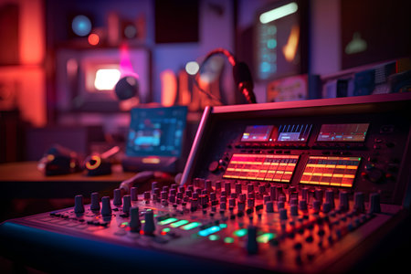 Professional audio mixing console in recording studio at night. Colorful lights and equipment.の素材