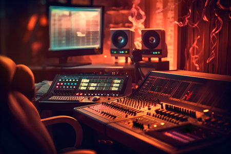 Sound recording studio with mixer controller and sound equipment, 3d renderingの素材