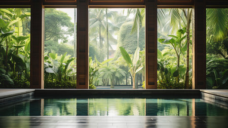 Swimming pool in luxury villa with green tropical garden and sunlightの素材