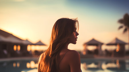 Beautiful young woman with long hair in luxury swimming pool at sunsetの素材