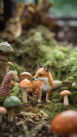 Little red fox and mushrooms in the forest, close-up.の素材