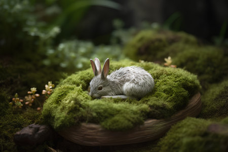 Easter bunny in a basket of green moss on a dark backgroundの素材