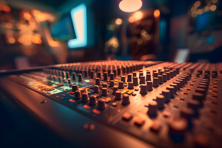 Close up of sound mixer control panel in nightclub. Shallow depth of field.の素材