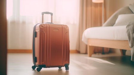 Suitcase on the floor in the hotel room. Travel conceptの素材