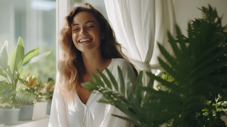 Portrait of a beautiful young woman with long curly hair in a white shirt in the room.の素材