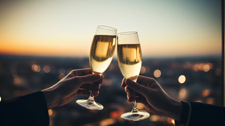 Closeup of male and female hands toasting with champagne glasses over cityscape backgroundの素材