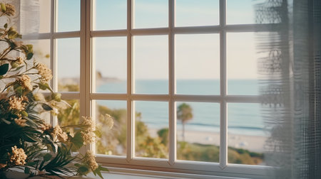 Beautiful view from the window to the sea and the beach.の素材