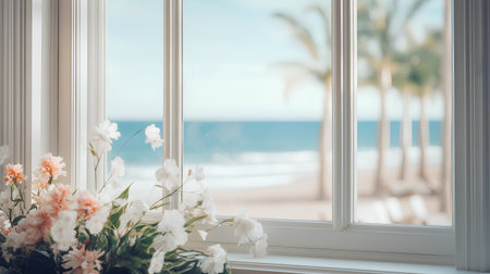 Vase of flowers on the windowsill on the background of the seaの素材