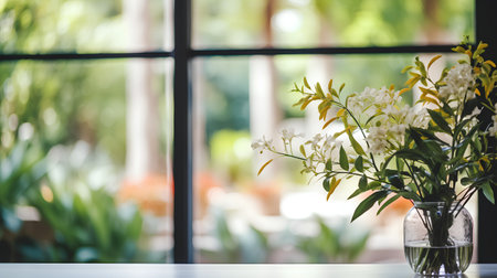 Vase of white orchids on the table in the cafeの素材