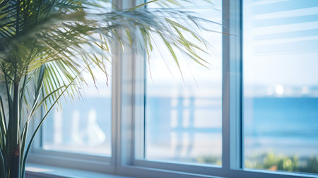Close up of palm leaf on windowsill with sea view. Sunlight from window. Vacation conceptの素材
