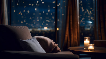Interior of a living room with a night view of the cityの素材