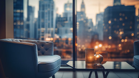 Luxury living room with big window and city view, interior design conceptの素材