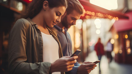 Beautiful young couple is using a smartphone and smiling while walking in the cityの素材