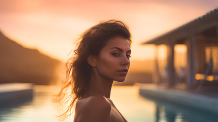 Portrait of a beautiful young woman in the swimming pool at sunsetの素材