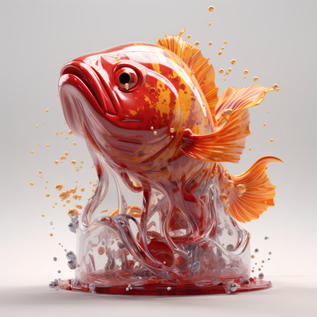 3D illustration of a red fish in the water with splashesの素材