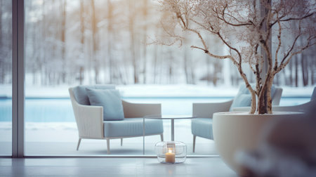 Modern living room interior with a large window overlooking the winter forest. 3d rendering mock up toned imageの素材