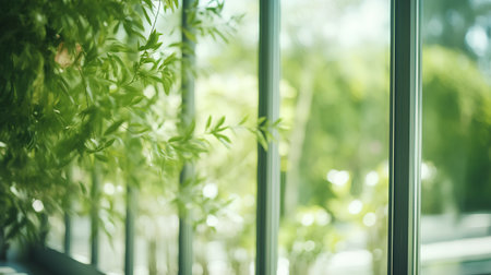 Green bamboo leaves in a glass window. Selective focus. nature.の素材