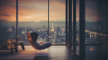Modern living room interior with panoramic city view and armchairの素材