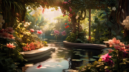 Tropical garden with pond, plants, flowers and boats.の素材