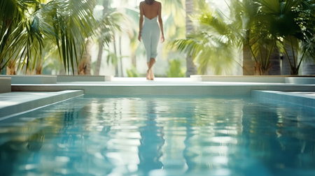 Woman in swimsuit standing near swimming pool at hotel. Luxury resortの素材