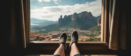 Woman sitting on the window and looking at the city of Montserrat. Catalonia, Spainの素材
