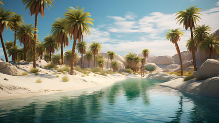Fantasy landscape with palm trees and lake. 3D illustration.の素材