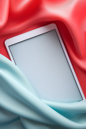 Tablet on red and blue satin background. 3d renderingの素材