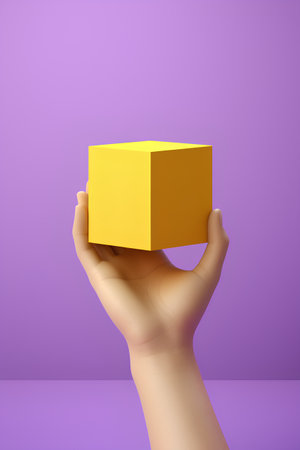 3d render of hand holding yellow cube on purple background with shadowの素材