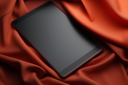 Smartphone on red satin background. 3d render illustration.の素材