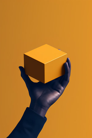 Yellow cube in hand isolated on orange background. 3d illustration.の素材