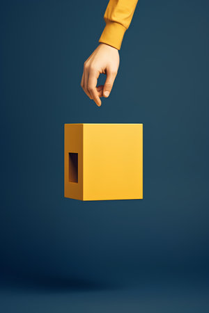 Hand holding a blank yellow box on blue background. 3d renderingの素材