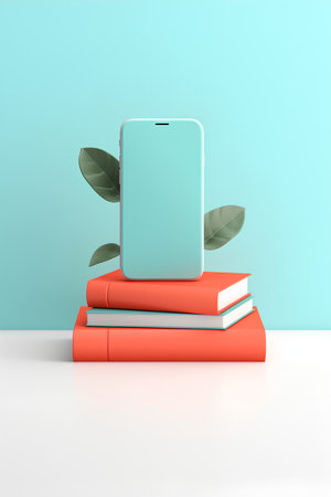 Smartphone with books and leaves on blue background. 3d illustrationの素材