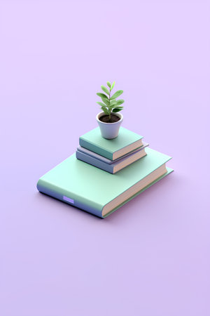 3d illustration of a stack of books and a plant in a potの素材